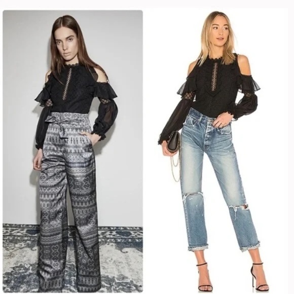 AMUR Pandora Black Lace Chiffon Cutout Shoulder Whimsygoth Victorian Blouse Sz M - Picture 2 of 14